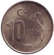 Монета 10000 лир. 1999 год, Турция. Монета 10000 лир. 1999 год, Турция.