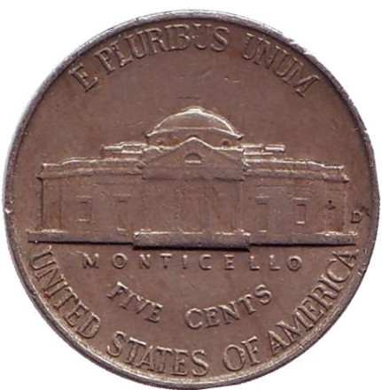 Монета 5 центов. 1938 год (D), США. Джефферсон. Монтичелло. Монета 5 центов. 1938 год (D), США. Джефферсон. Монтичелло.