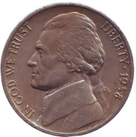 Джефферсон. Монтичелло. Монета 5 центов. 1938 год (D), США.