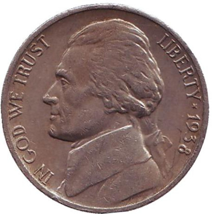 Монета 5 центов. 1938 год (D), США. Джефферсон. Монтичелло.
