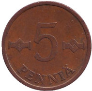 Монета 5 пенни. 1974 год, Финляндия. Монета 5 пенни. 1974 год, Финляндия.
