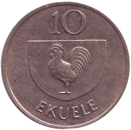 Монета 10 экуэле. 1975 год, Экваториальная Гвинея. Петух.