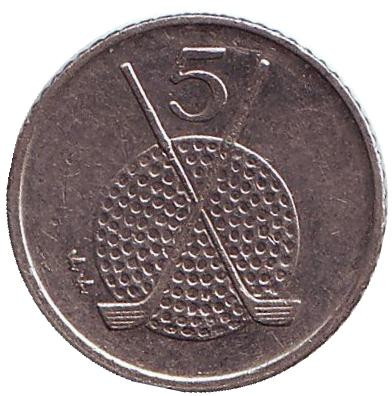 Монета 5 пенсов. 1994 год, Остров Мэн. Клюшки для гольфа.