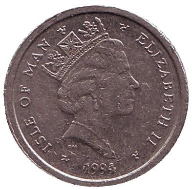 Монета 5 пенсов. 1994 год, Остров Мэн. Клюшки для гольфа.