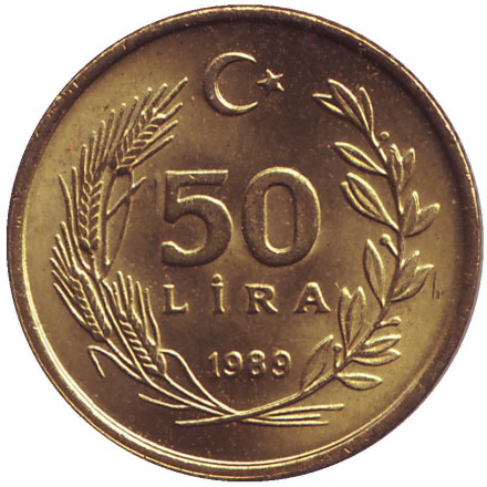 Монета 50 лир. 1989 год, Турция.