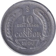 Монета 10 песо. 1956 год, Чили. Кондор.