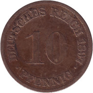 Монета 10 пфеннигов. 1897 год (G), Германская империя. Нечастая. Монета 10 пфеннигов. 1897 год (G), Германская империя. Нечастая.