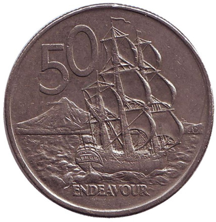 Монета 50 центов, 1988 год, Новая Зеландия. Парусник "Endeavour".