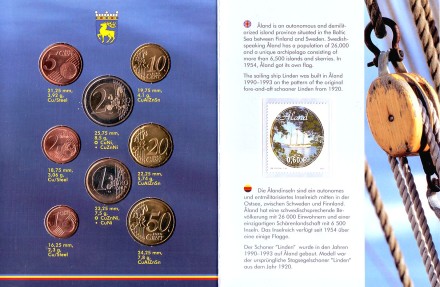 Аландские острова. Набор монет Финляндии (8 шт., с маркой). 2006 год, Финляндия.