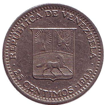 Монета 25 сентимо. 1965 год, Венесуэла.