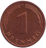 Монета 1 пфенниг. 1985 год (F), ФРГ. Дубовые листья. Монета 1 пфенниг. 1985 год (F), ФРГ. Дубовые листья.