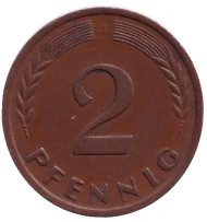 Монета 2 пфеннига. 1963 год (J), ФРГ. Дубовые листья. Монета 2 пфеннига. 1963 год (J), ФРГ. Дубовые листья.