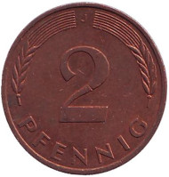 Монета 2 пфеннига. 1985 год (J), ФРГ. Дубовые листья. Монета 2 пфеннига. 1985 год (J), ФРГ. Дубовые листья.