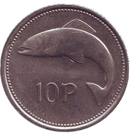 Монета 10 пенсов. 1998 год, Ирландия. Лосось.