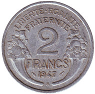 Монета 2 франка. 1947 B год, Франция. Монета 2 франка. 1947 B год, Франция.