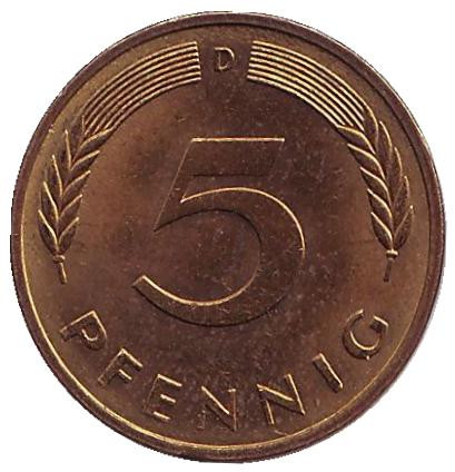 Монета 5 пфеннигов. 1981 год (D), ФРГ. Дубовые листья.