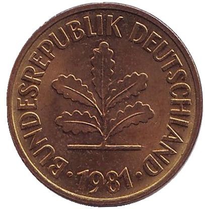 Монета 5 пфеннигов. 1981 год (D), ФРГ. Дубовые листья.