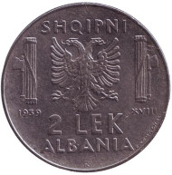 Монета 2 лека. 1939 год, Албания. Немагнитная. Монета 2 лека. 1939 год, Албания. Немагнитная.