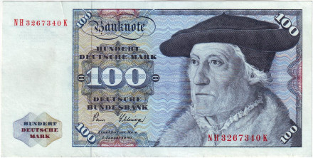 Банкнота 100 марок. 1980 год, ФРГ. Тип 1. Себастиан Мюнстер. Орел.