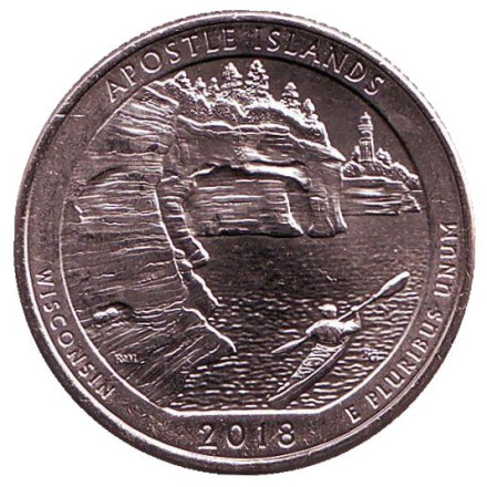 Монета 25 центов (P). 2018 год, США. Национальные озёрные побережья островов Апостол. Парк № 42.
