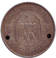 Монета 5 рейхсмарок. 1934 год, Германия (Третий Рейх). (А). Кирха без даты. Монета 5 рейхсмарок. 1934 год, Германия (Третий Рейх). (А). Кирха без даты.