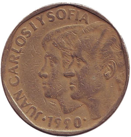 Монета 500 песет. 1990 год, Испания. Хуан Карлос I и София.