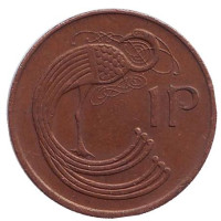 Птица. Ирландская арфа. Монета 1 пенни. 1982 год, Ирландия. 