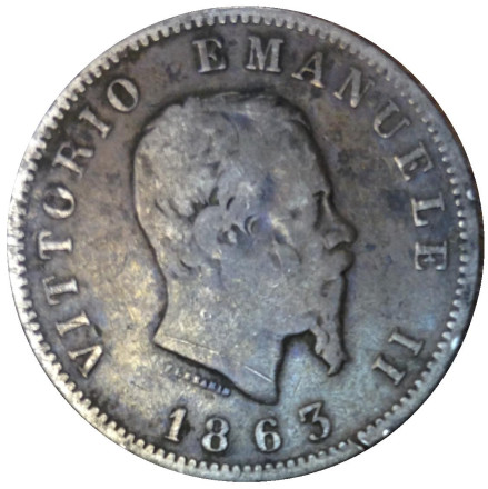 Монета 1 лира. 1863 год, Италия. Старый тип. (M).