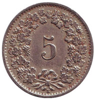 Монета 5 раппенов. 1928 год, Швейцария. Монета 5 раппенов. 1928 год, Швейцария.