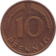 Монета 10 пфеннигов. 1993 год (A), ФРГ. Дубовые листья. Монета 10 пфеннигов. 1993 год (A), ФРГ. Дубовые листья.