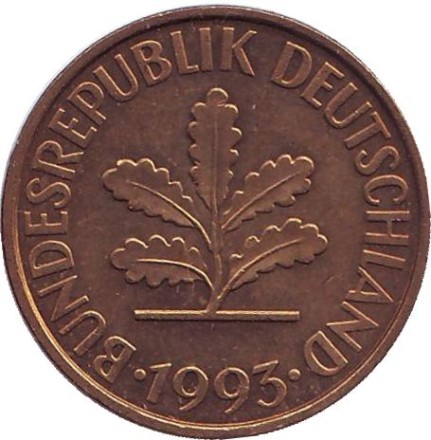 Монета 10 пфеннигов. 1993 год (A), ФРГ. Дубовые листья.
