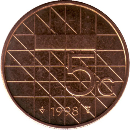 Монета 5 гульденов. 1998 год, Нидерланды. BU.