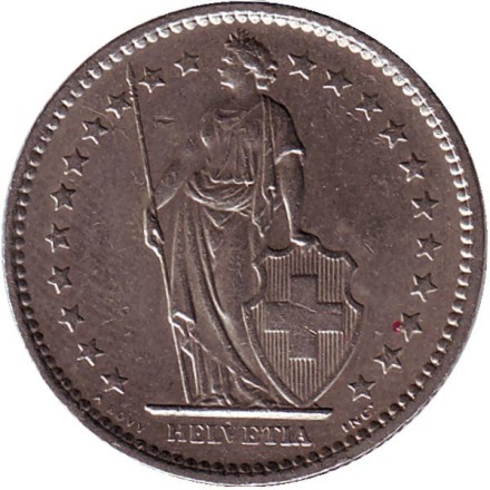 Монета 2 франка. 1980 год, Швейцария. Гельвеция. Монета 2 франка. 1980 год, Швейцария. Гельвеция.