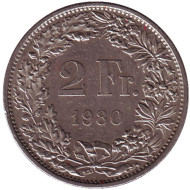Монета 2 франка. 1980 год, Швейцария. Гельвеция. Монета 2 франка. 1980 год, Швейцария. Гельвеция.