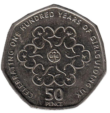 Монета 50 пенсов. 2010 год, Великобритания. Из обращения. 100 лет женской организации скаутов.