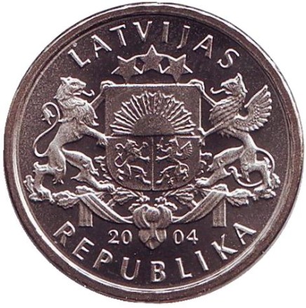 Монета 1 лат, 2004 год, Латвия. Спридитис. (Мальчик с пальчик).