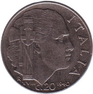 Монета 20 чентезимо. 1940 год, Италия. Немагнитная, гурт рубчатый. Монета 20 чентезимо. 1940 год, Италия. Немагнитная, гурт рубчатый.