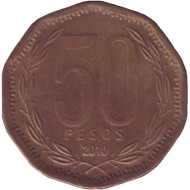 Монета 50 песо. 2010 год, Чили. (Цифра 1 в годе без подчеркивания). Бернардо О’Хиггинс. Монета 50 песо. 2010 год, Чили. (Цифра 1 в годе без подчеркивания). Бернардо О’Хиггинс.