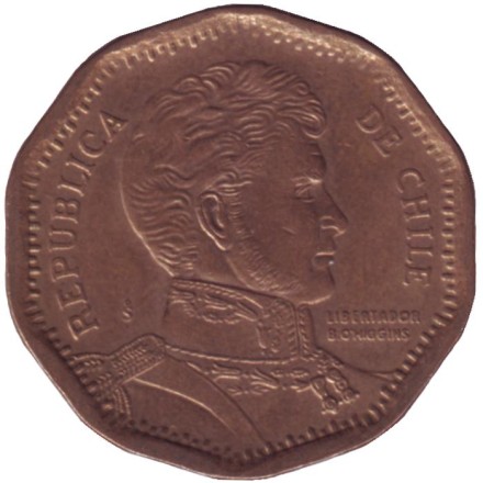 Монета 50 песо. 2010 год, Чили. (Цифра 1 в годе без подчеркивания). Бернардо О’Хиггинс.