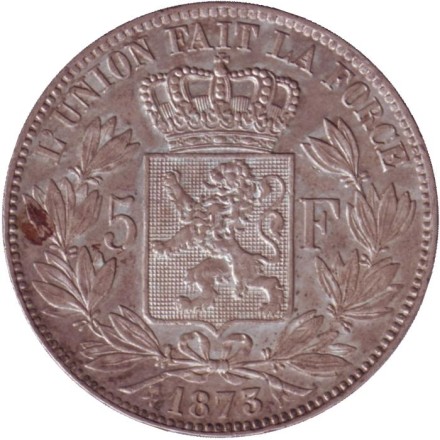 Монета 5 франков. 1873 год, Бельгия. Леопольд II.