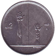 Монета 2 лиры. 1983 год, Сан-Марино. Угроза ядерной войны. Монета 2 лиры. 1983 год, Сан-Марино. Угроза ядерной войны.