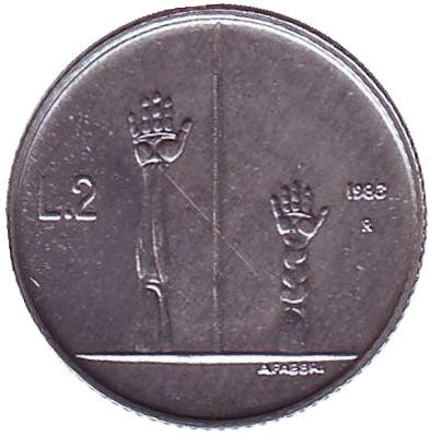 Монета 2 лиры. 1983 год, Сан-Марино. Угроза ядерной войны.