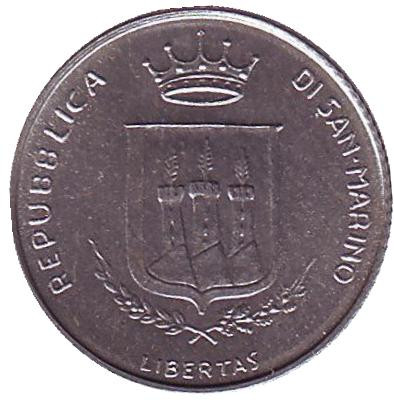 Монета 2 лиры. 1983 год, Сан-Марино. Угроза ядерной войны. Монета 2 лиры. 1983 год, Сан-Марино. Угроза ядерной войны.