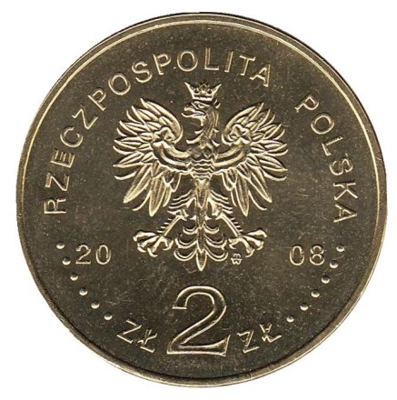 Монета 2 злотых, 2008 год, Польша. 400 лет польским поселениям в Северной Америке.