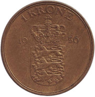 Монета 1 крона. 1956 год, Дания.