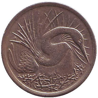 Монета 5 центов. 1969 год, Сингапур. Большая белая цапля.