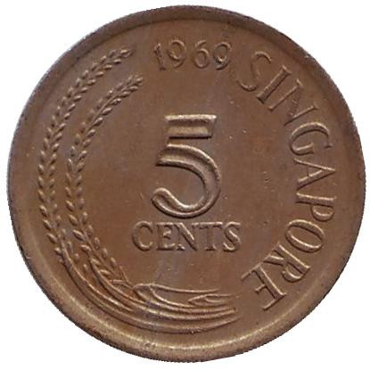 Монета 5 центов. 1969 год, Сингапур. Большая белая цапля.