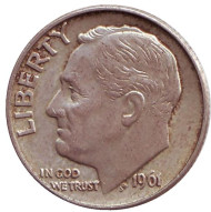 Монета 10 центов. 1961 год, США. Монетный двор D. Рузвельт. Монета 10 центов. 1961 год, США. Монетный двор D. Рузвельт.