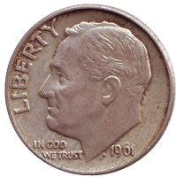 Рузвельт. Монета 10 центов. 1961 год, США. Монетный двор D.