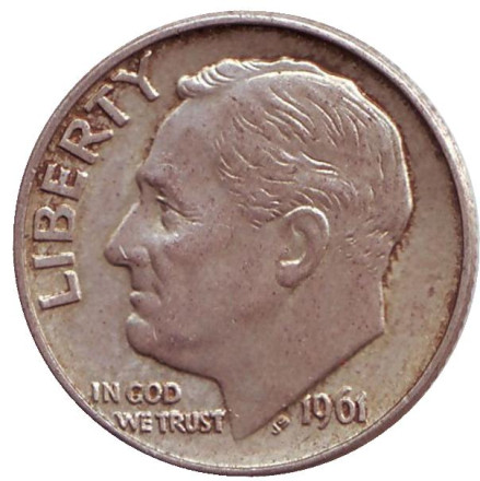 Монета 10 центов. 1961 год, США. Монетный двор D. Рузвельт.